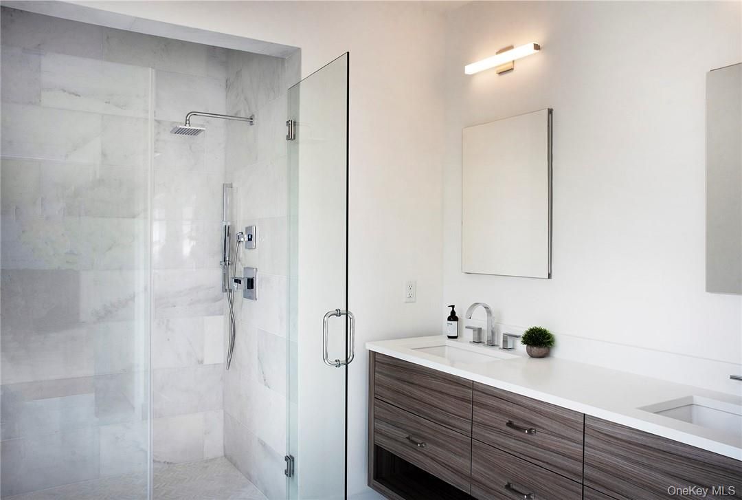 Bathroom, Dual Sink Vanities, Glass Shower, Interior, Marble Walls