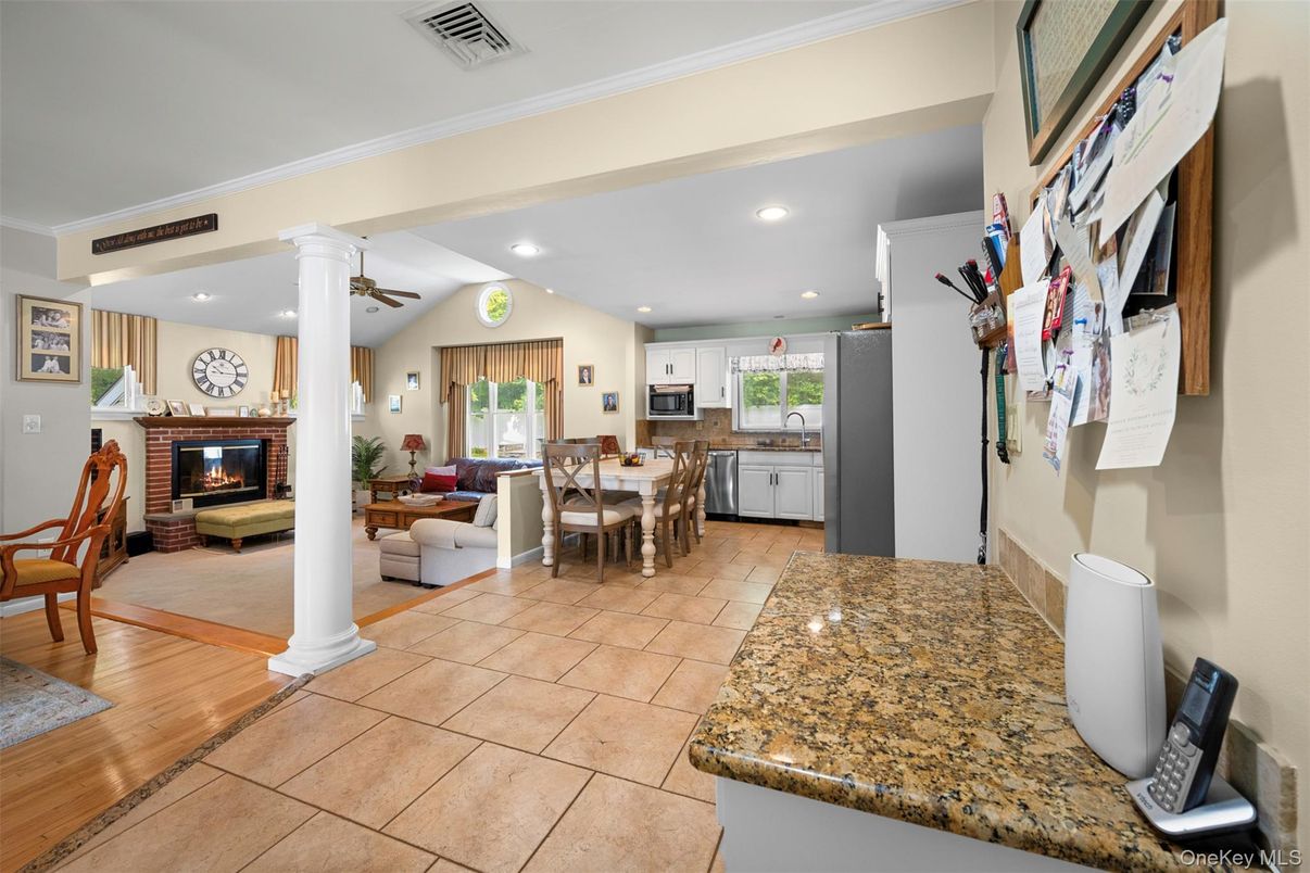 Dining room, Fireplace, Interior, Kitchen, Living room, Recessed Lighting