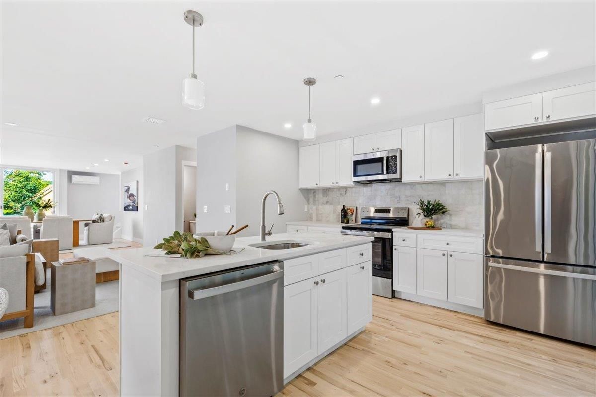 Interior, Kitchen, Pendant Lights, Recessed Lighting, Stainless Steel Appliances, Wood Texture Flooring