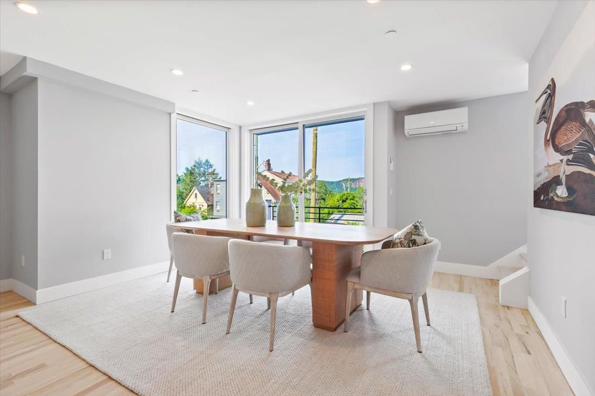 Dining room, Interior, Recessed Lighting, Wood Texture Flooring