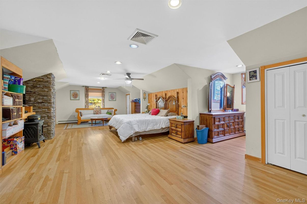 Bedroom, Interior, Recessed Lighting, Stone Walls, Wood Texture Flooring
