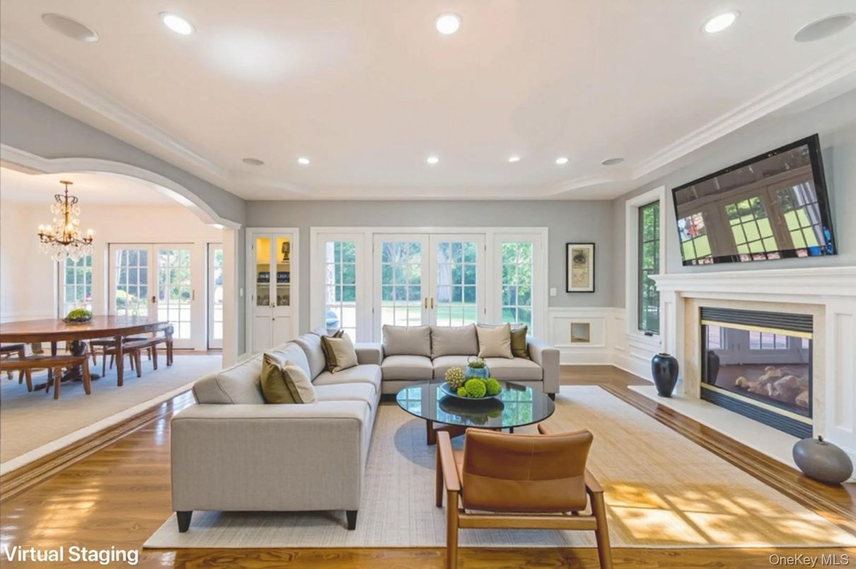 Chandelier, Dining room, Fireplace, Interior, Living room, Recessed Lighting, Wood Texture Flooring