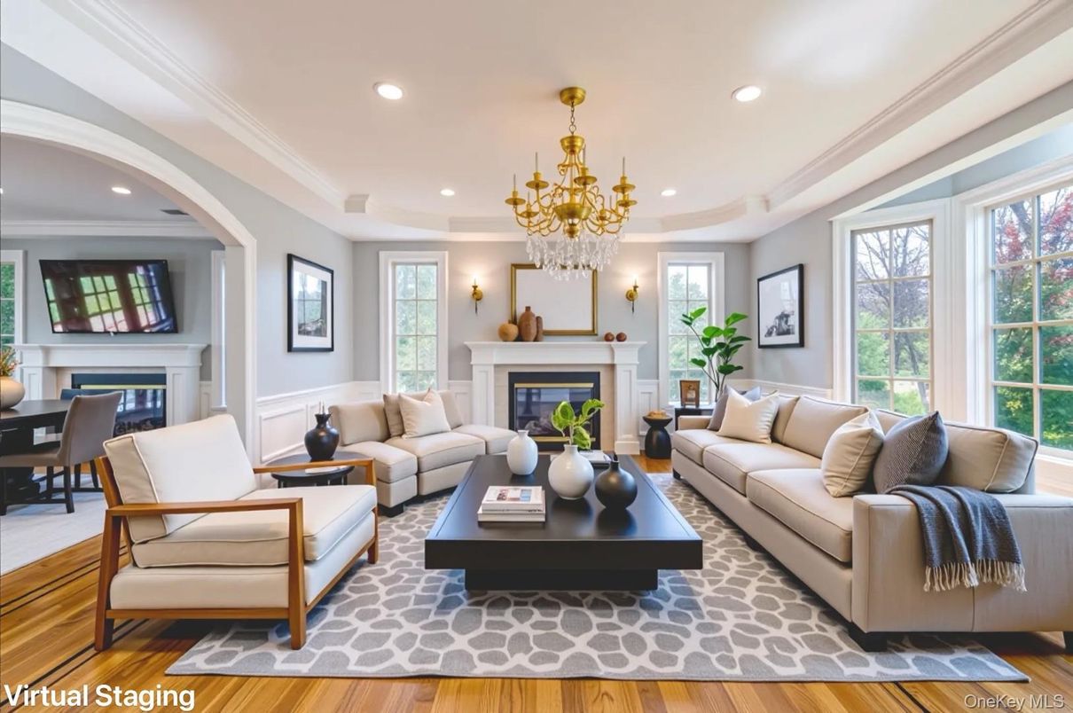 Chandelier, Dining room, Fireplace, Interior, Living room, Recessed Lighting, Wood Texture Flooring