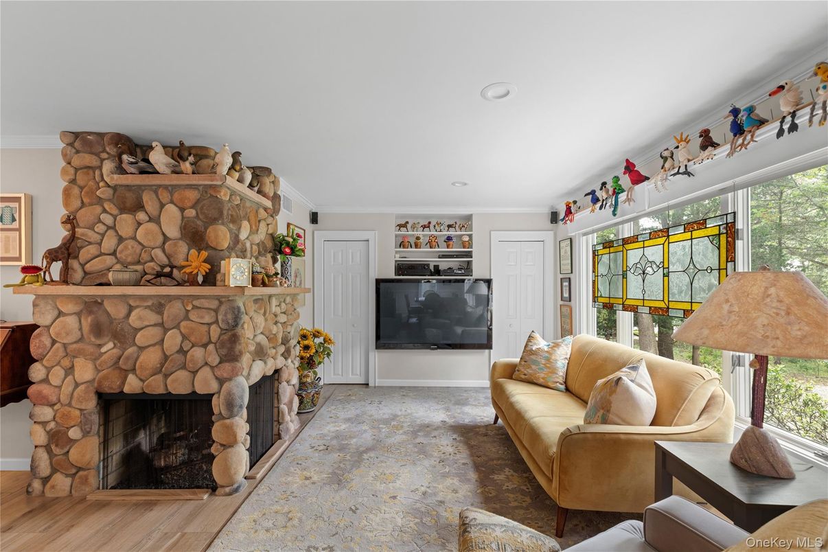 Fireplace, Interior, Living room, Recessed Lighting, Stone Walls