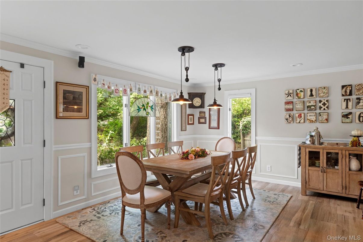 Dining room, Interior, Pendant Lights, Wood Texture Flooring