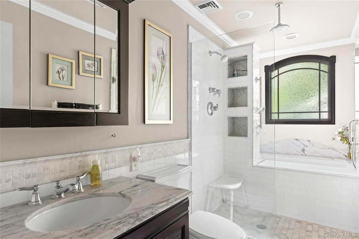 Bathroom, Glass Shower, Interior, Marble Walls, Recessed Lighting