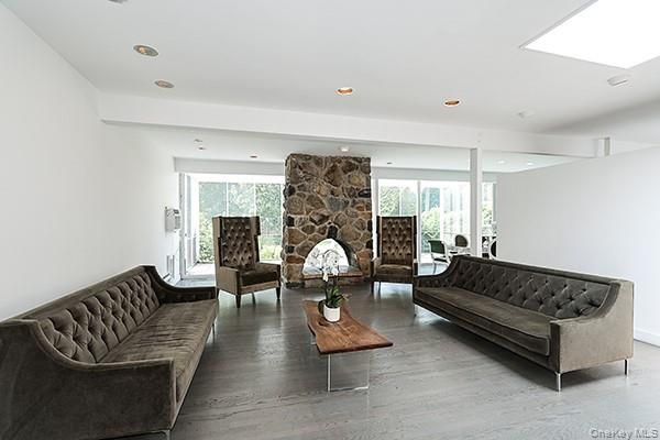 Interior, Living room, Recessed Lighting, Stone Walls, Wood Texture Flooring