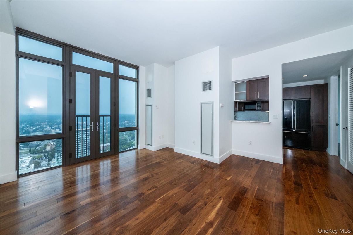 Empty room, Interior, Kitchen, Recessed Lighting, Water, Wood Texture Flooring