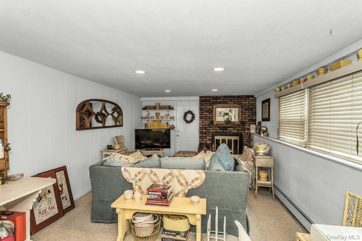 Fireplace, Interior, Living room, Recessed Lighting, Stone Walls