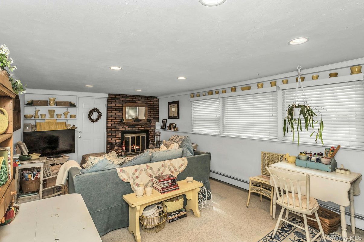 Fireplace, Interior, Living room, Recessed Lighting, Stone Walls