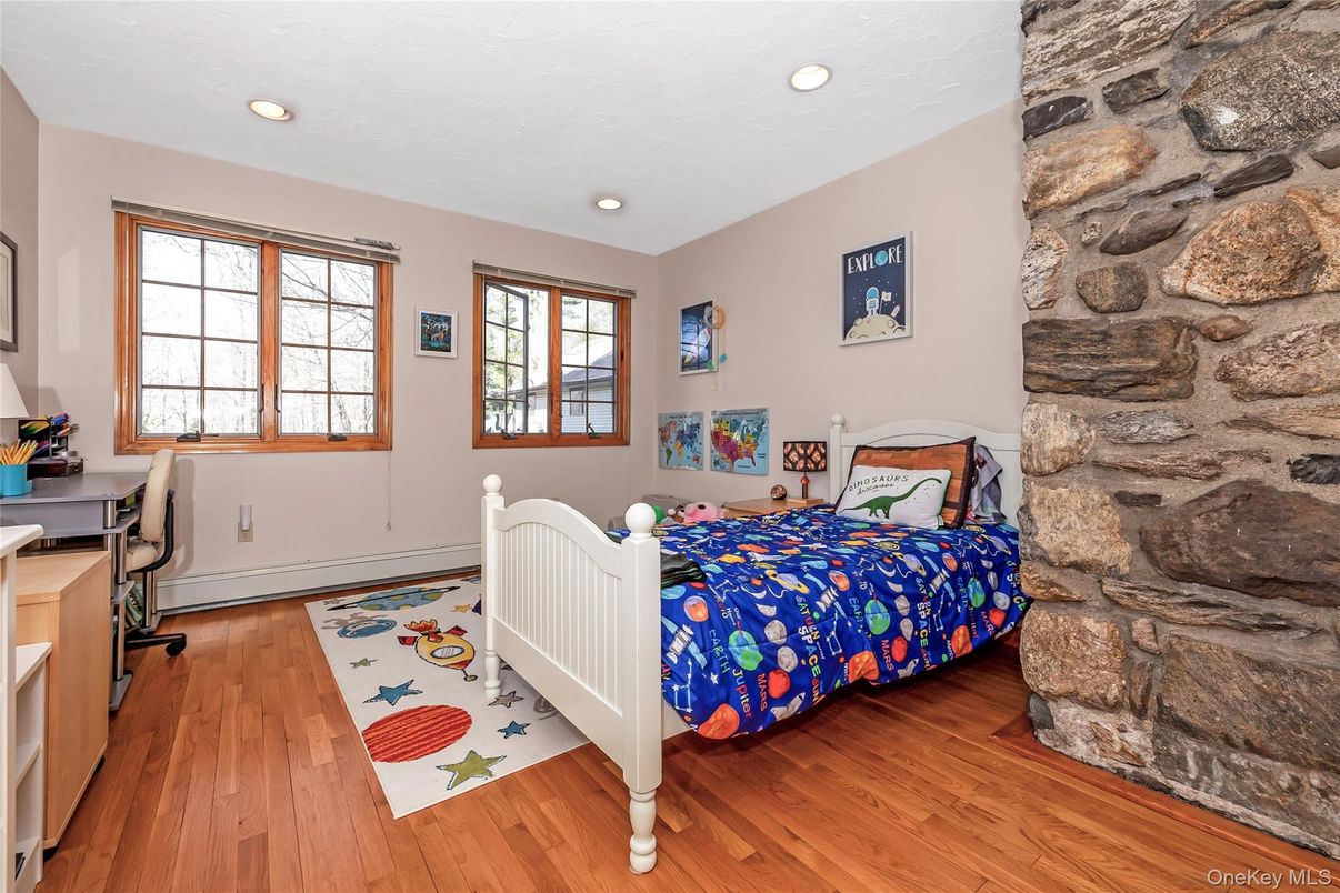 Bedroom, Home Office, Interior, Recessed Lighting, Stone Walls, Wood Texture Flooring