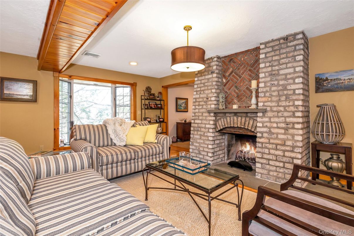 Fireplace, Interior, Living room, Recessed Lighting, Stone Walls