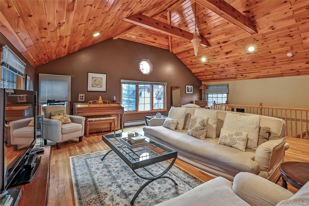 Interior, Living room, Piano, Recessed Lighting, Wooden Beams, Wooden Ceilings, Wood Texture Flooring