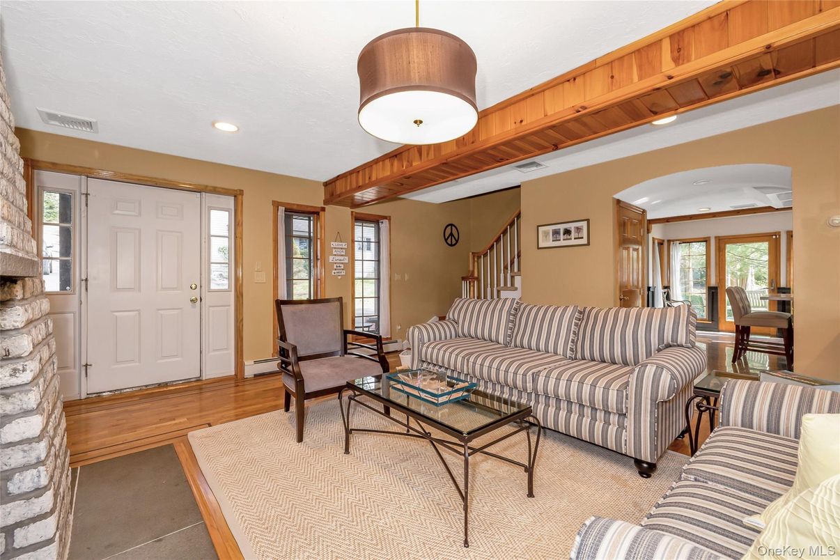 Fireplace, Interior, Living room, Recessed Lighting, Wooden Beams, Wood Texture Flooring