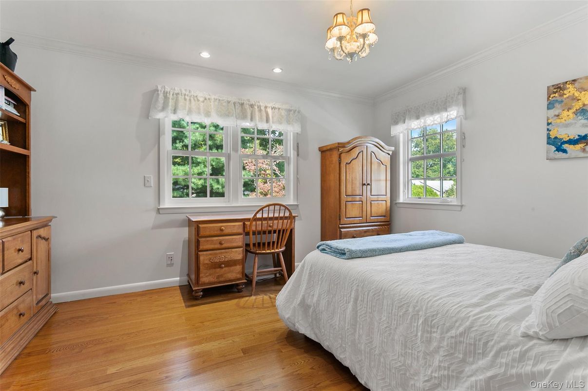 Bedroom, Chandelier, Home Office, Interior, Recessed Lighting, Wood Texture Flooring