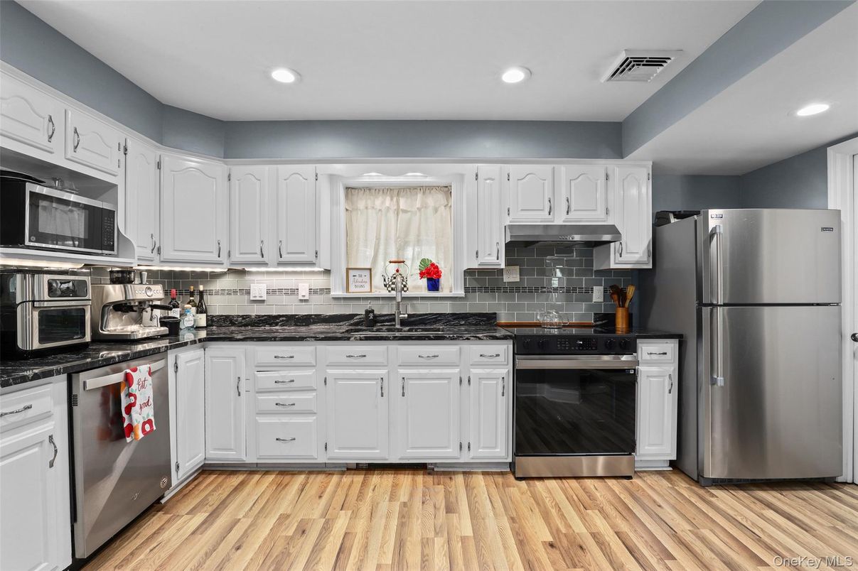 Interior, Kitchen, Recessed Lighting, Stainless Steel Appliances, Wood Texture Flooring