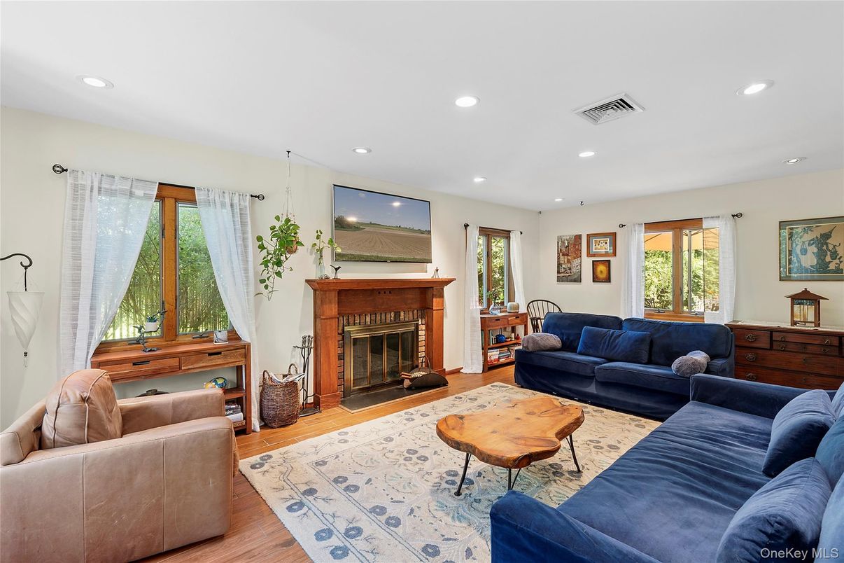 Fireplace, Interior, Living room, Recessed Lighting, Wood Texture Flooring