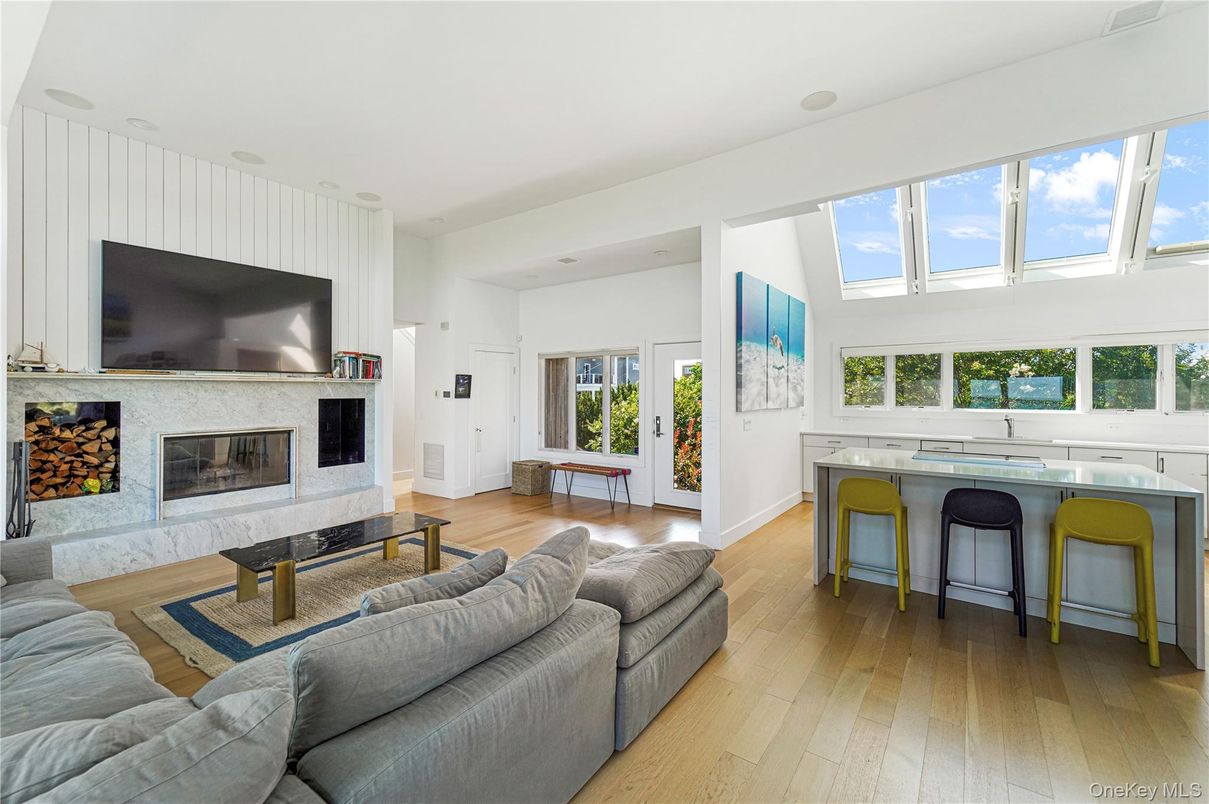 Fireplace, Interior, Kitchen, Living room, Recessed Lighting, Wood Texture Flooring