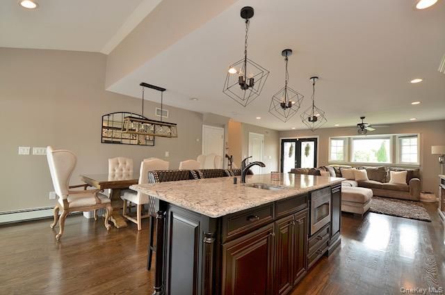 Chandelier, Dining room, Interior, Kitchen, Living room, Pendant Lights, Recessed Lighting, Wood Texture Flooring