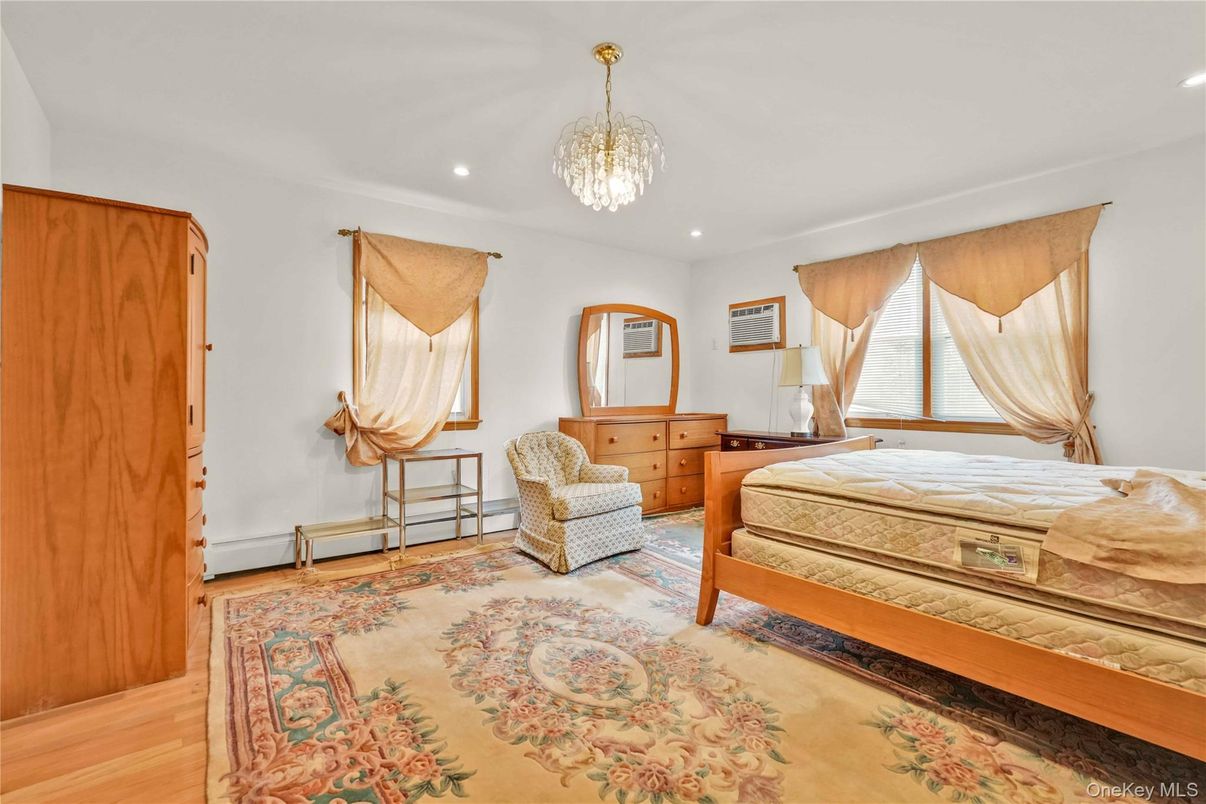 Bedroom, Chandelier, Interior, Recessed Lighting, Wood Texture Flooring