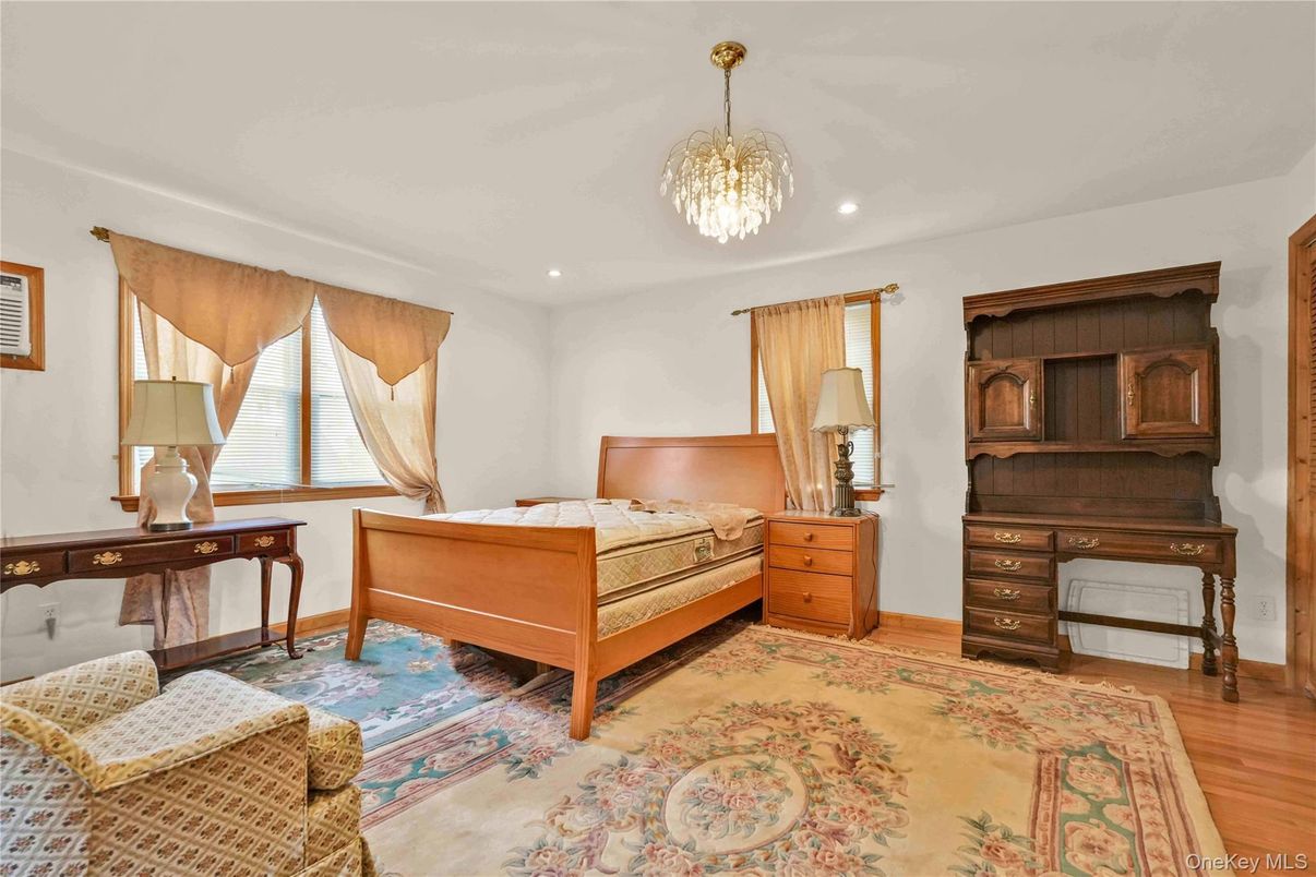 Bedroom, Chandelier, Interior, Recessed Lighting, Wood Texture Flooring