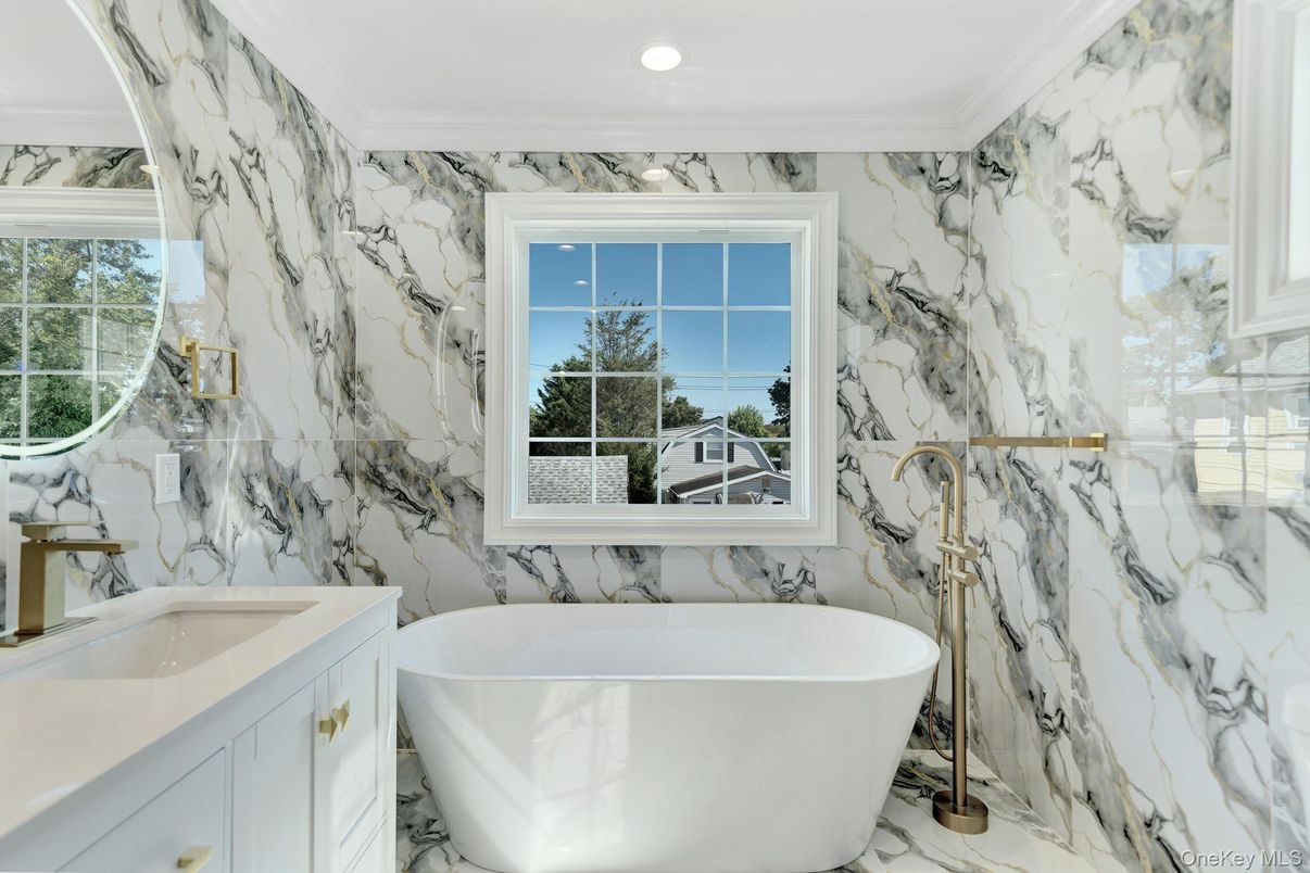 Bathroom, Free Standing Baths, Interior, Marble, Marble Walls, Recessed Lighting