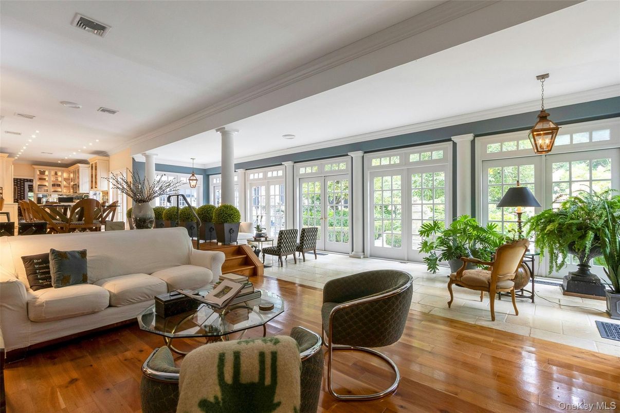 Dining room, Fireplace, Interior, Kitchen, Living room, Pendant Lights, Recessed Lighting, Wood Texture Flooring