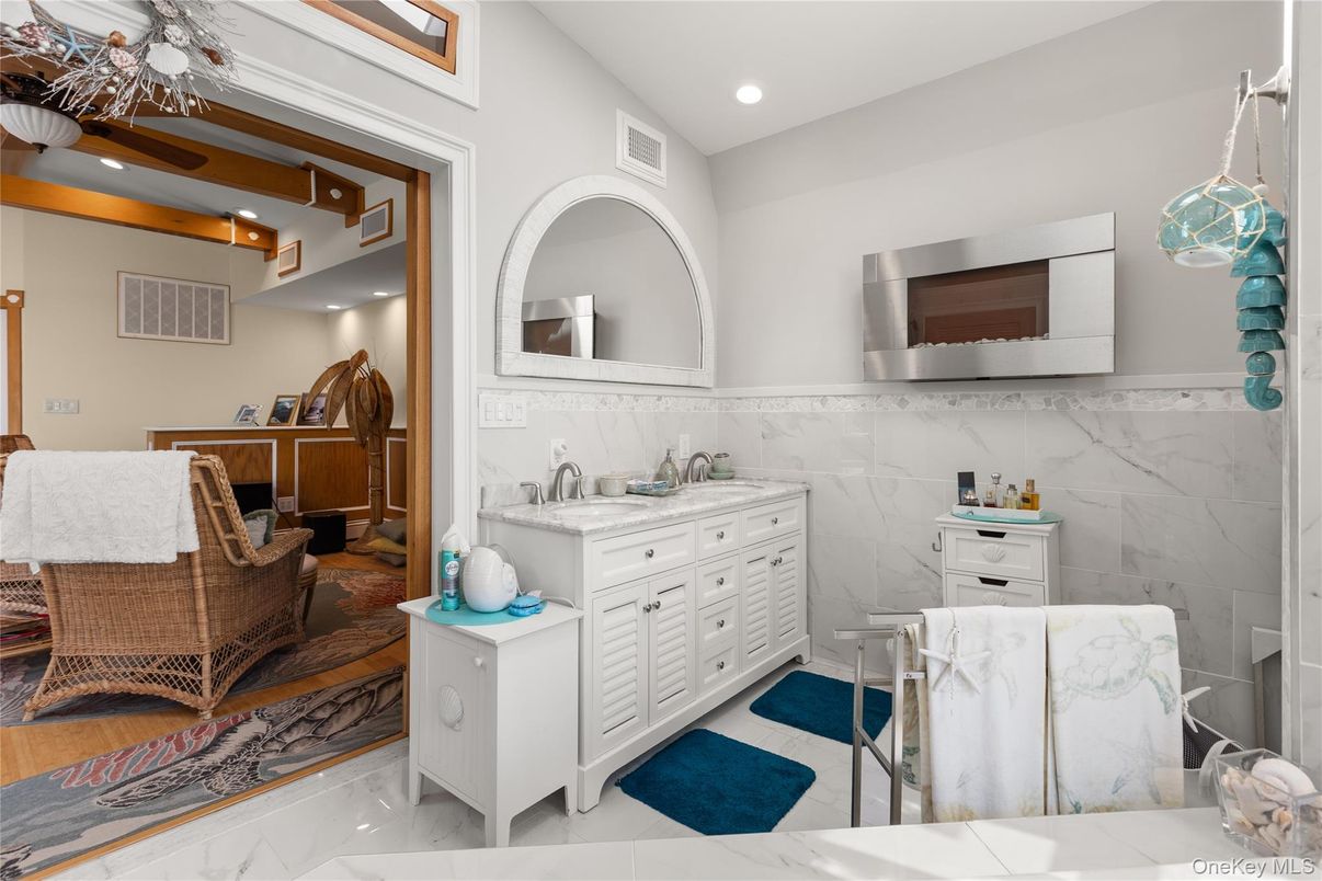 Bathroom, Dual Sink Vanities, Interior, Marble Walls, Recessed Lighting
