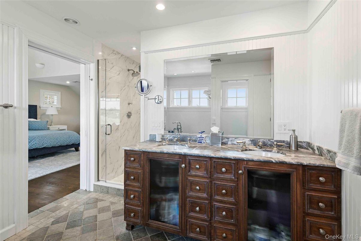 Bathroom, Bedroom, Dual Sink Vanities, Interior, Marble Walls, Recessed Lighting, Wood Texture Flooring