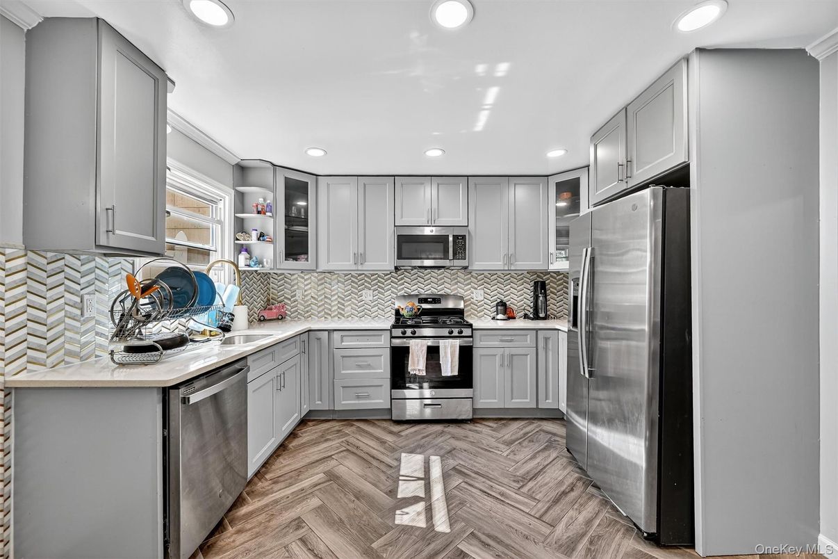 Interior, Kitchen, Recessed Lighting, Stainless Steel Appliances, Wood Texture Flooring