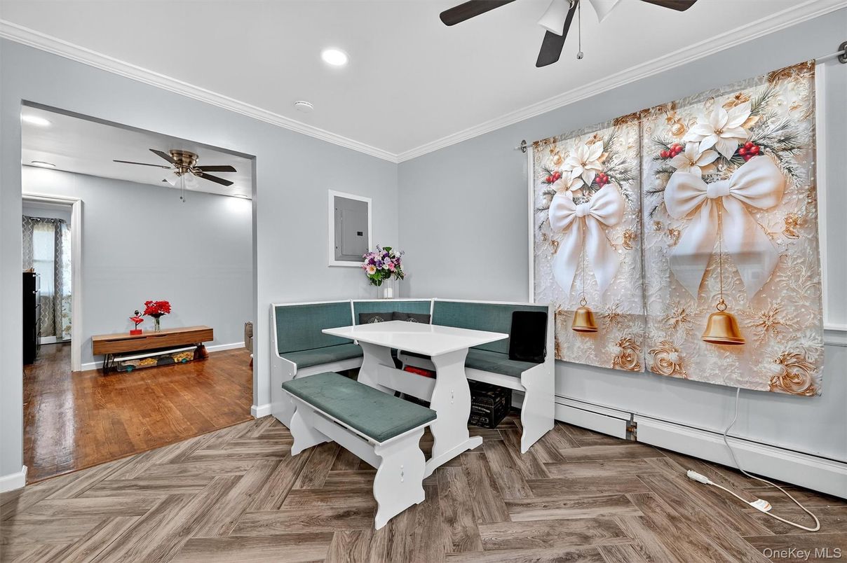 Dining room, Interior, Recessed Lighting, Wood Texture Flooring