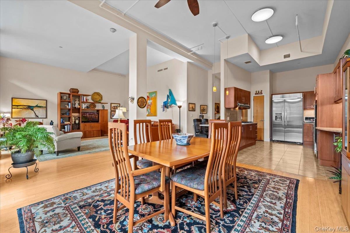 Dining room, Interior, Kitchen, Living room, Pendant Lights, Stainless Steel Appliances, Wood Texture Flooring