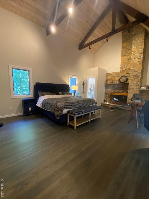 Bedroom, Fireplace, Interior, Stone Walls, Wooden Beams, Wooden Ceilings, Wood Texture Flooring