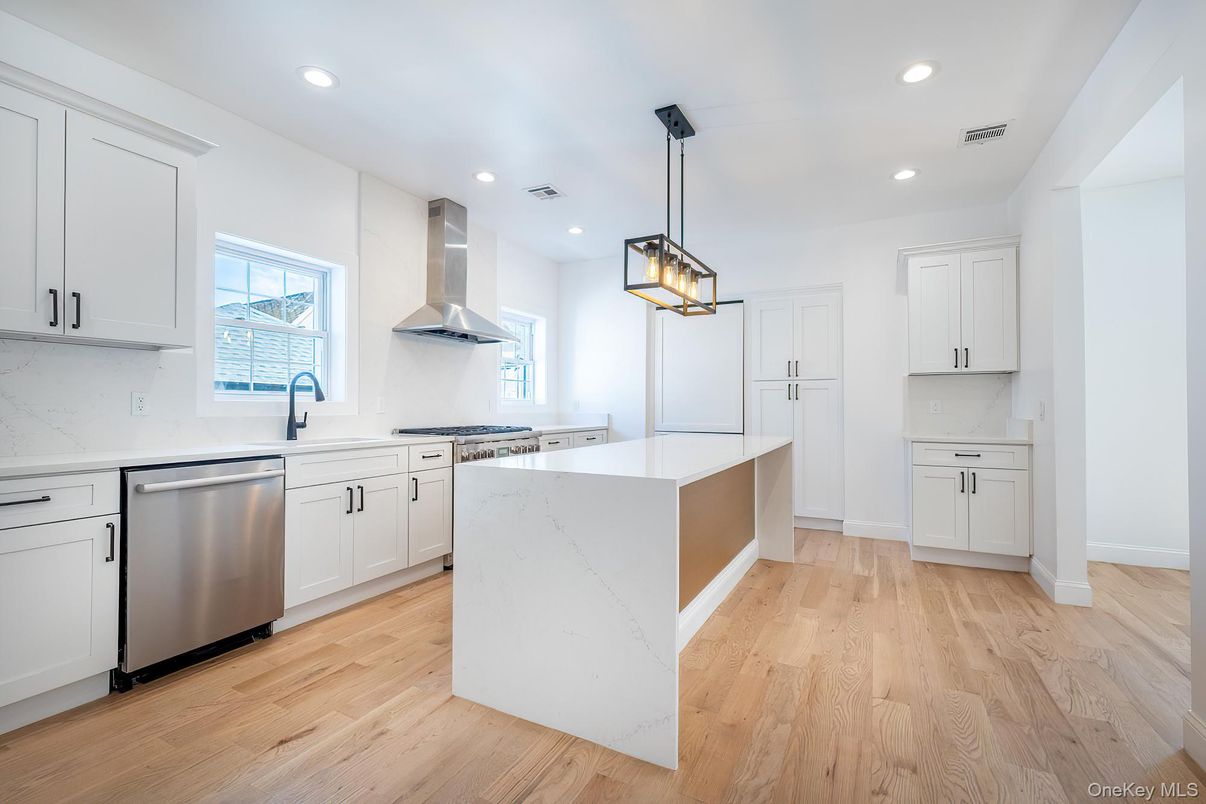 Interior, Kitchen, Pendant Lights, Recessed Lighting, Stainless Steel Appliances, Wood Texture Flooring