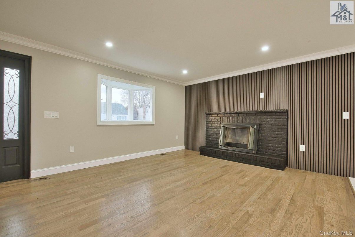 Empty room, Fireplace, Interior, Recessed Lighting, Wood Texture Flooring