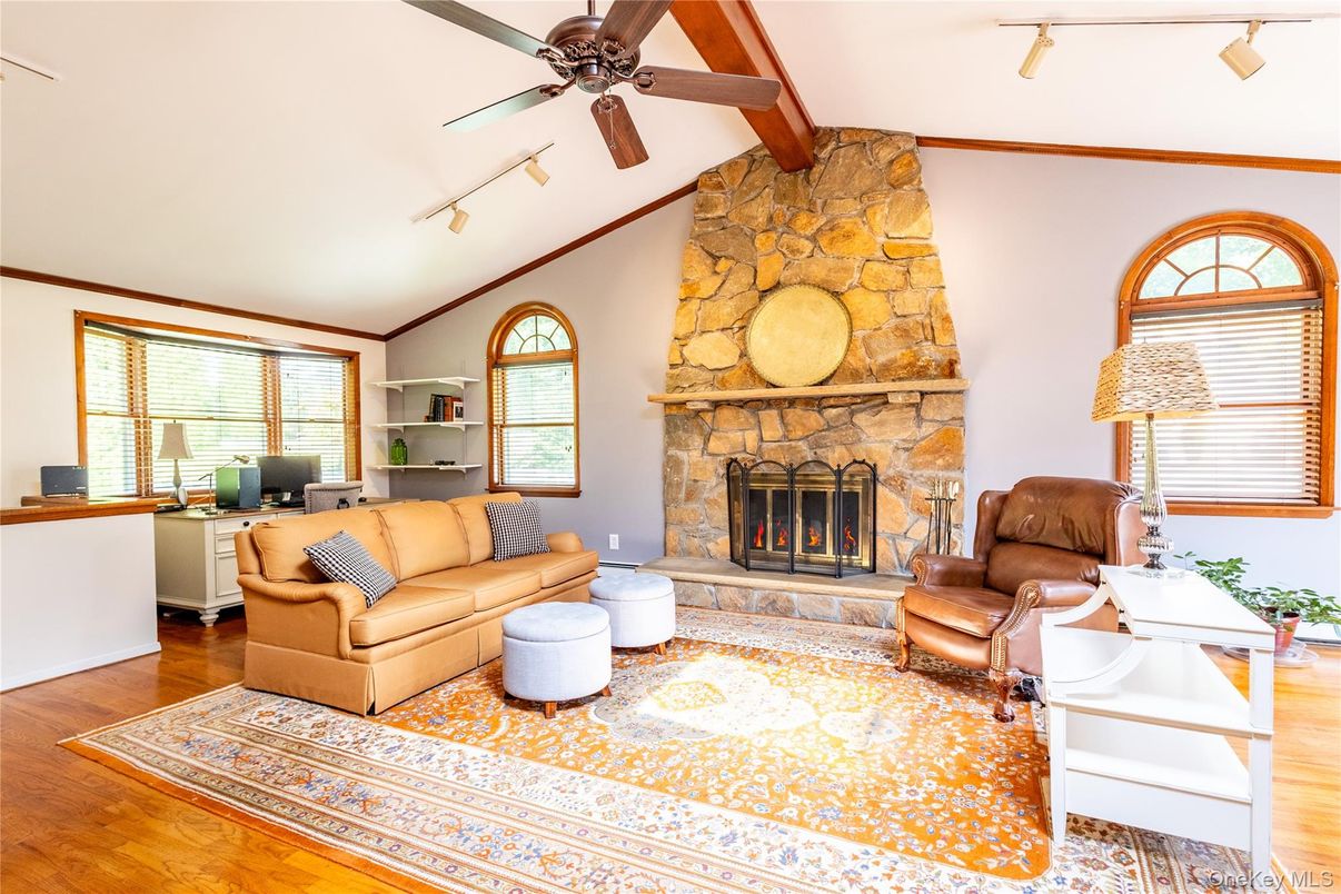 Fireplace, Home Office, Interior, Living room, Stone Walls, Wooden Beams, Wood Texture Flooring