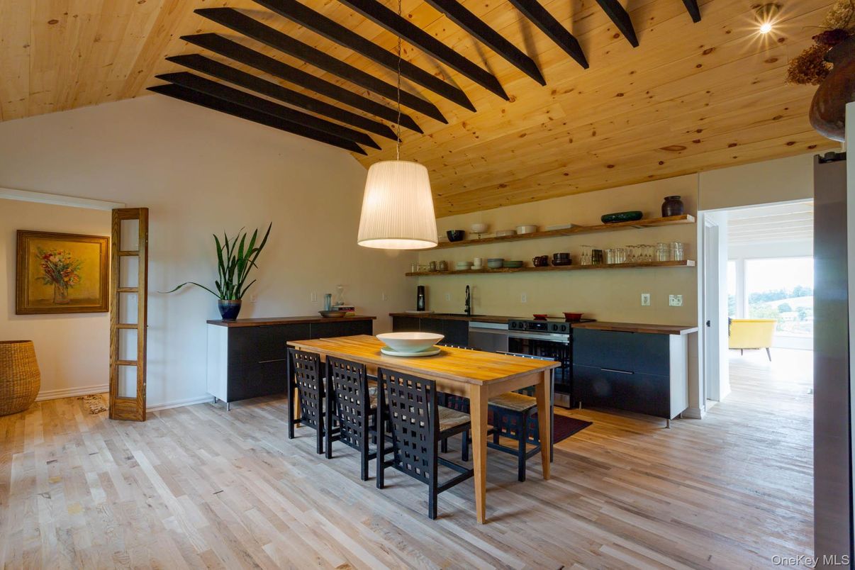 Dining room, Interior, Pendant Lights, Wooden Beams, Wooden Ceilings, Wood Texture Flooring