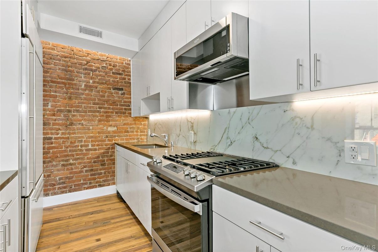 Interior, Kitchen, Marble Walls, Stainless Steel Appliances, Stone Walls, Wood Texture Flooring