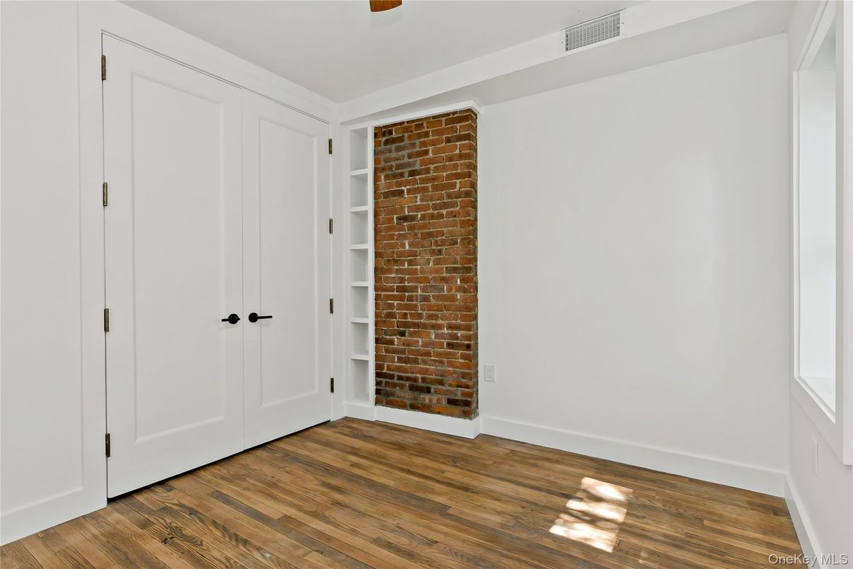 Empty room, Fireplace, Interior, Stone Walls, Wood Texture Flooring