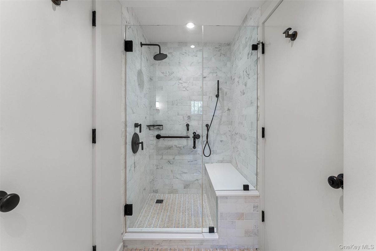 Bathroom, Glass Shower, Interior, Marble Walls, Recessed Lighting