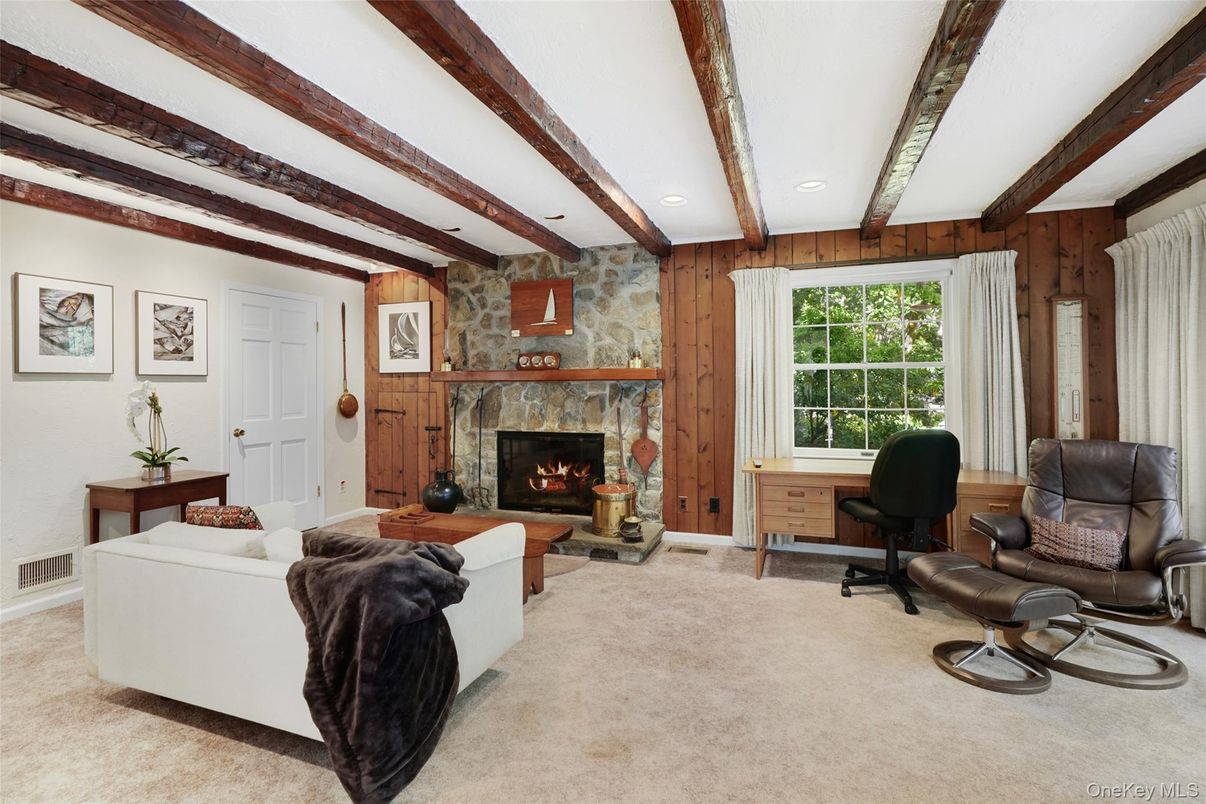 Fireplace, Home Office, Interior, Living room, Recessed Lighting, Stone Walls, Wooden Beams