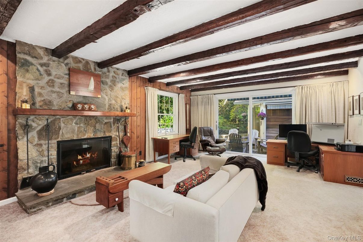 Fireplace, Home Office, Interior, Living room, Stone Walls, Wooden Beams