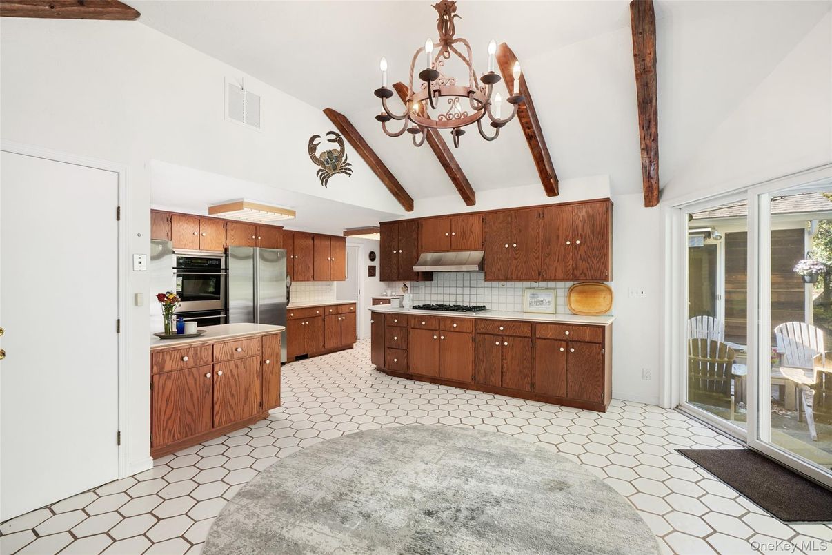 Chandelier, Interior, Kitchen, Stainless Steel Appliances, Wooden Beams