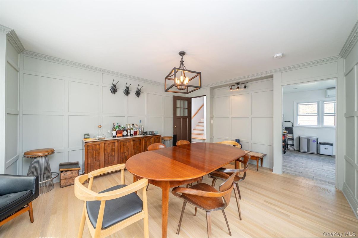 Dining room, Interior, Pendant Lights, Wood Texture Flooring