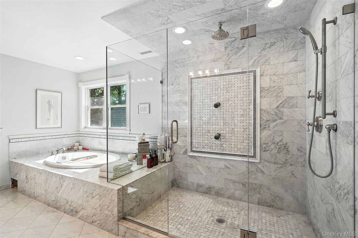 Bathroom, Glass Shower, Interior, Marble Walls, Recessed Lighting
