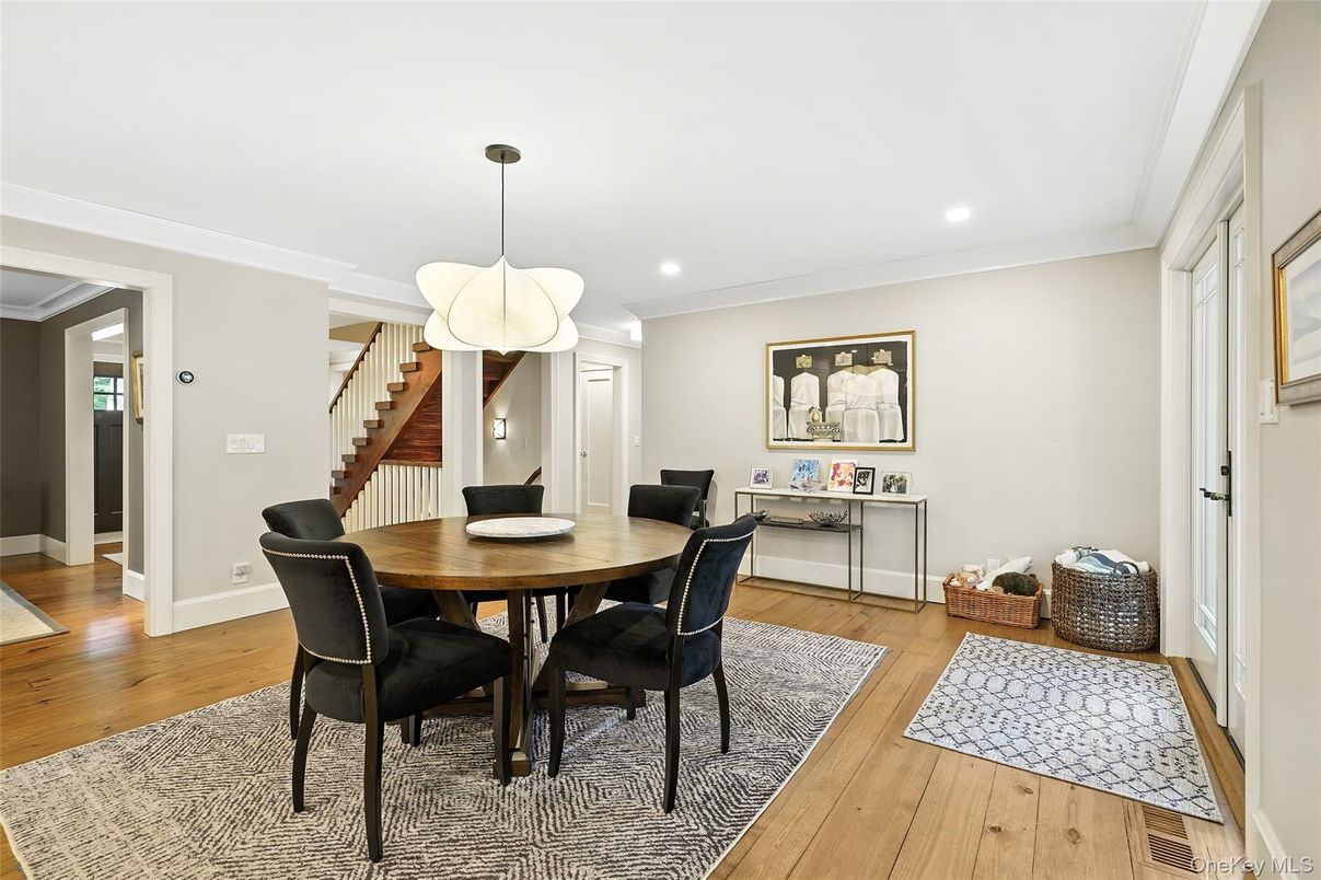 Dining room, Interior, Pendant Lights, Recessed Lighting, Wood Texture Flooring