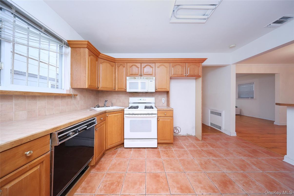 Interior, Kitchen, Tile Countertops, Wood Texture Flooring