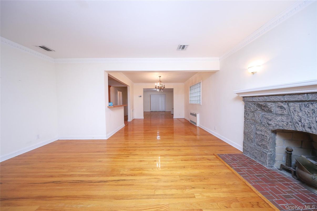 Chandelier, Empty room, Fireplace, Interior, Wood Texture Flooring