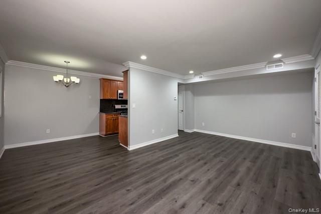 Chandelier, Empty room, Interior, Kitchen, Recessed Lighting, Wood Texture Flooring