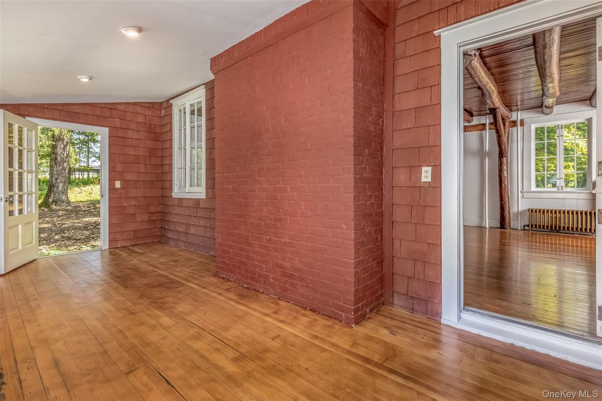Empty room, Interior, Recessed Lighting, Stone Walls, Wood Texture Flooring